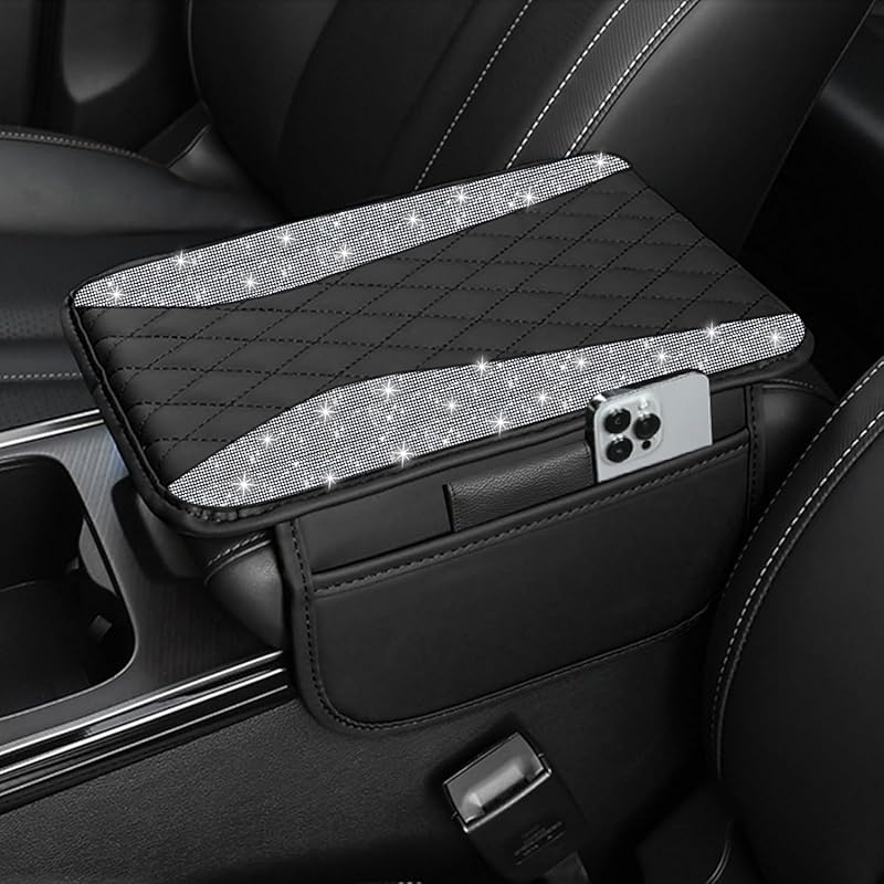NBTEPEM Bling Car Center Console Cover, Leather Middle Console Cover With 2 Storage Bags, Universal Arm Rest Cover Protector, Bling Car Accessories