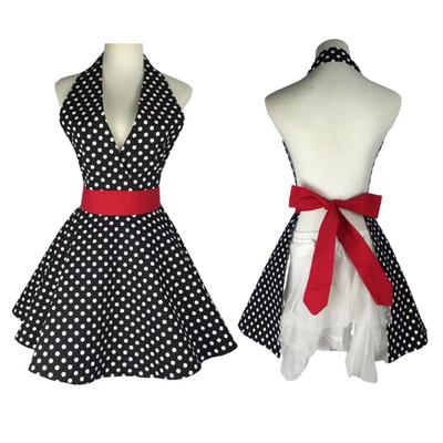 Retro Cute Apron for Women V-Necked Polka Dot Sexy Adjustable Cotton Kitchen Apron with Ties for Home Work Use