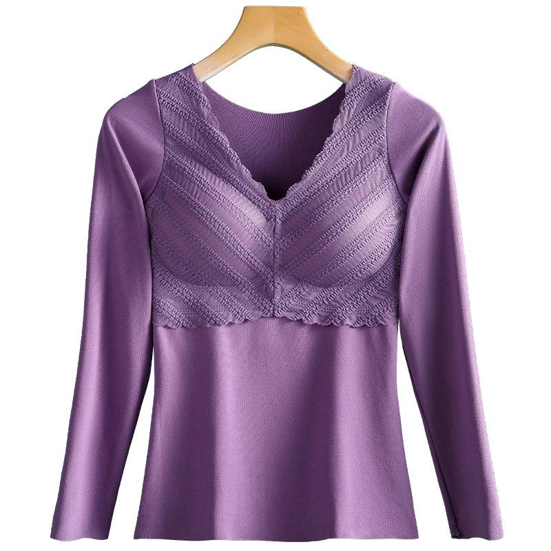 V Neck Lace Thermal Top With Built In Bra XL фиолетовый