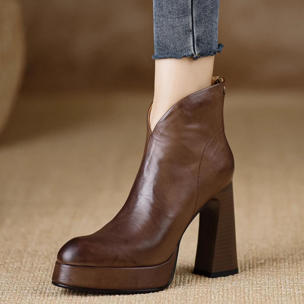 Brown leather high-end pointed leather boots splicing thick-soled thick-heeled short boots super high-heeled thick-heeled rear zipper fashion boots wo