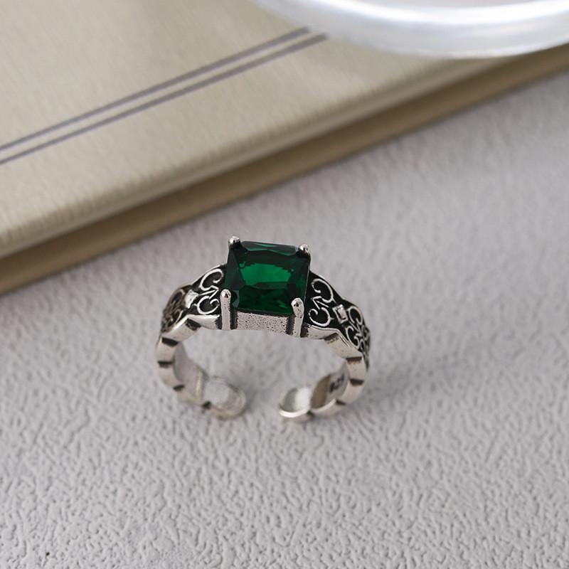 Elegant Vintage Green Zircon Geometric Open Adjustable Ring For Women Fashion 2024