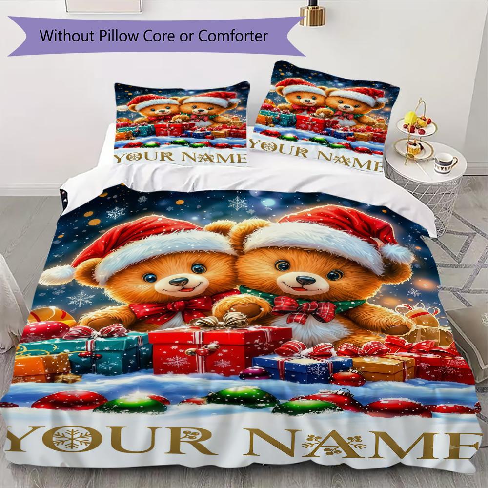 Custom Name Christmas Bears Gifts Bedding,Quilt Set Quilt Cover Pillowcase Home Birthday Gift(1 * Duvet Cover + 2 * Pillowcase, Without Core)_lx
