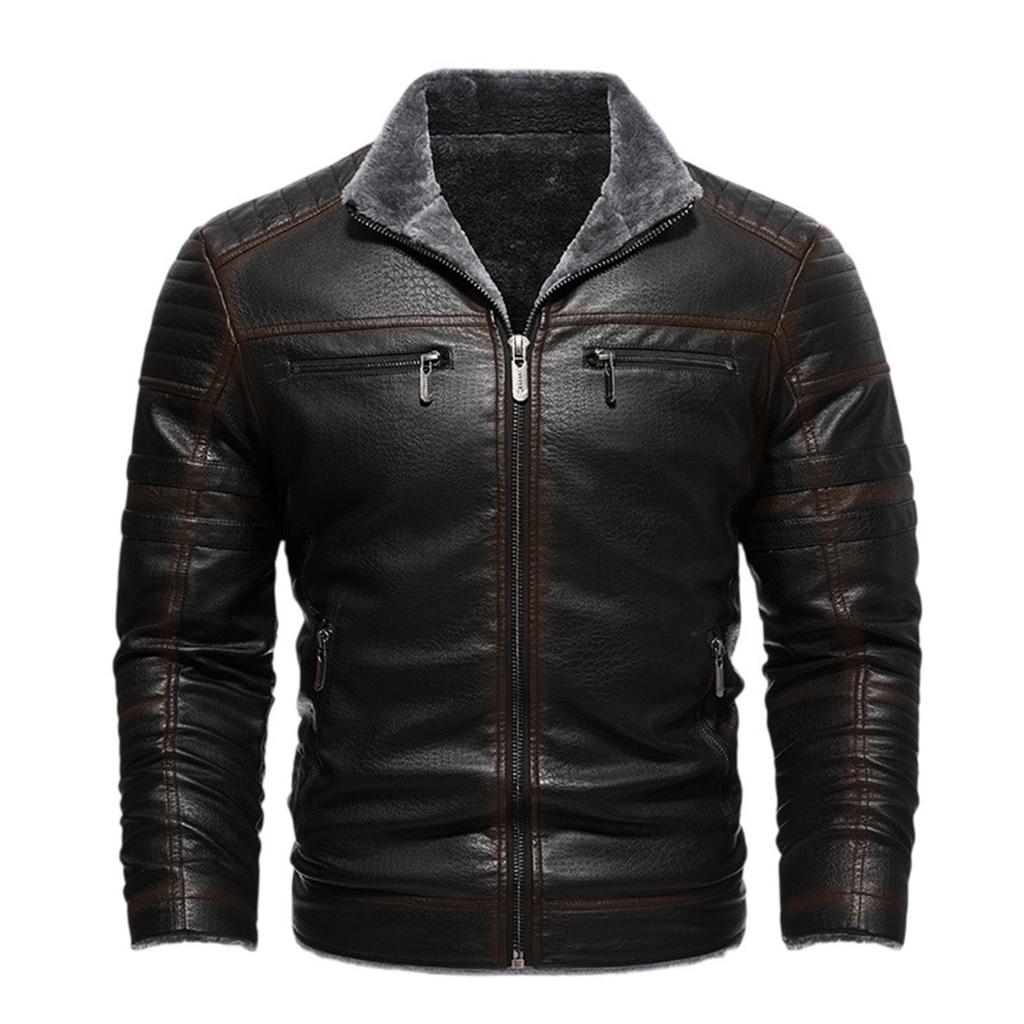 Men's Multi-Pocket Plush Thickened PU Leather Jacket Vintage Business Casual Jacket