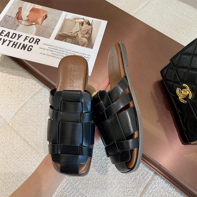 Roman style flat-bottomed slippers 2025 new retro woven straps bag head empty sandals niche soft-soled half slippers