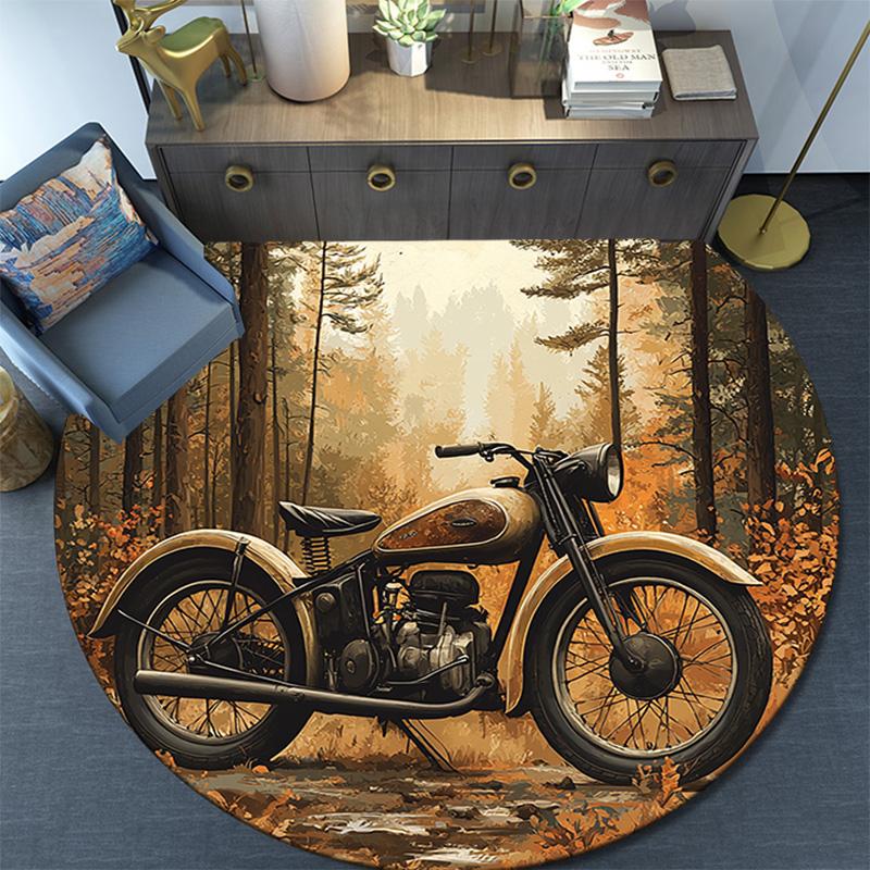Vintage Motorcycle Round Area Rug,Carpet Rug for Living Room Bedroom Sofa Playroom Decor,Non-slip Floor Mat
