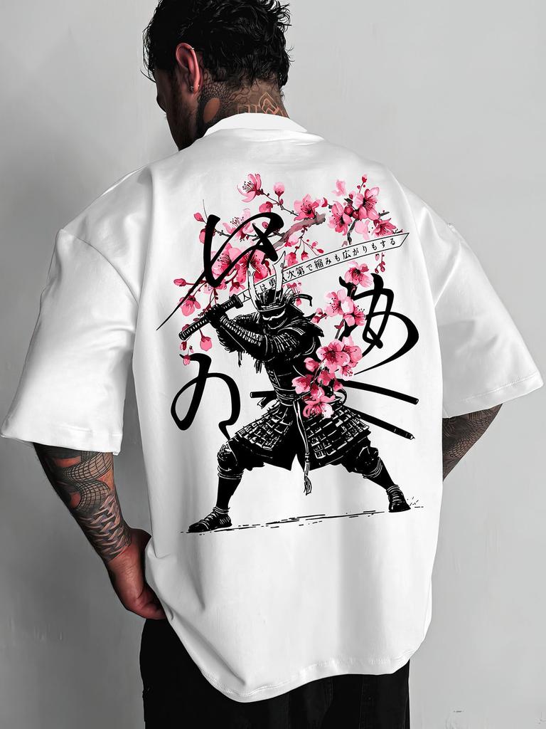 Japanese- Samurai Sakura Knife Print Men's T Shirt Men's and Women's Same Round Neck Print Co