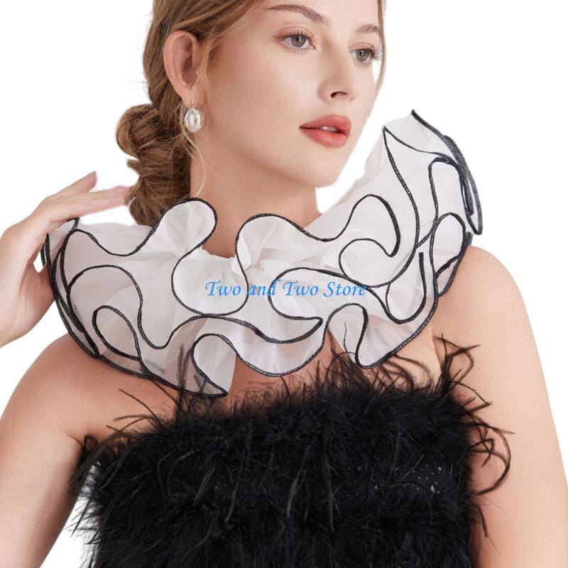 HX6F Detachable Lace Ruffled Collar Halloween Clown Accessory Lightweight Polyester Mesh Unisex Neckpiece for Women
