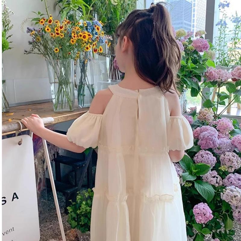 Girls Short Sleeve Chiffon A-Line Summer Dress Off-Shoulder Princess Tiered Skirt