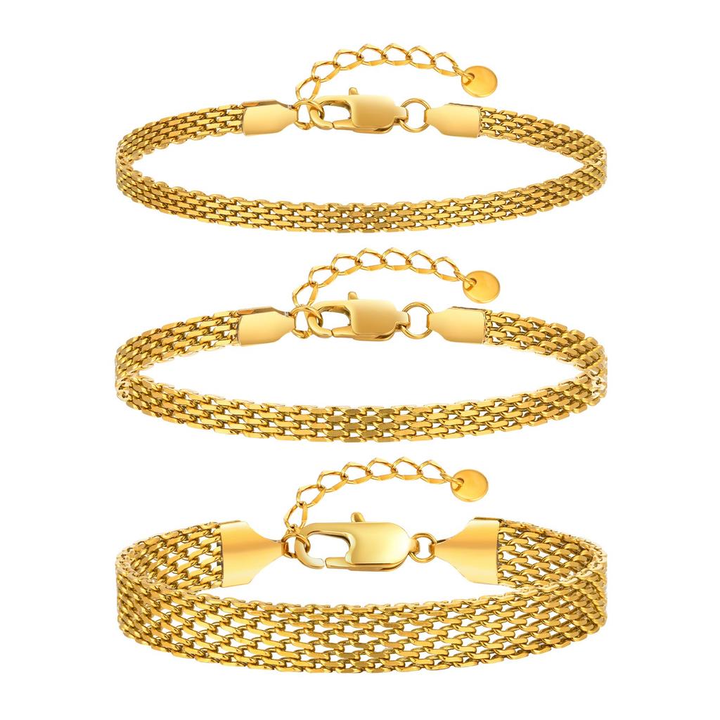 3mm/4mm/6mm Vintage Mesh Link Chain Bracelet for Women, Gold Plated Stainless Steel Italian Chain Bracelet, Waterproof Jewelry