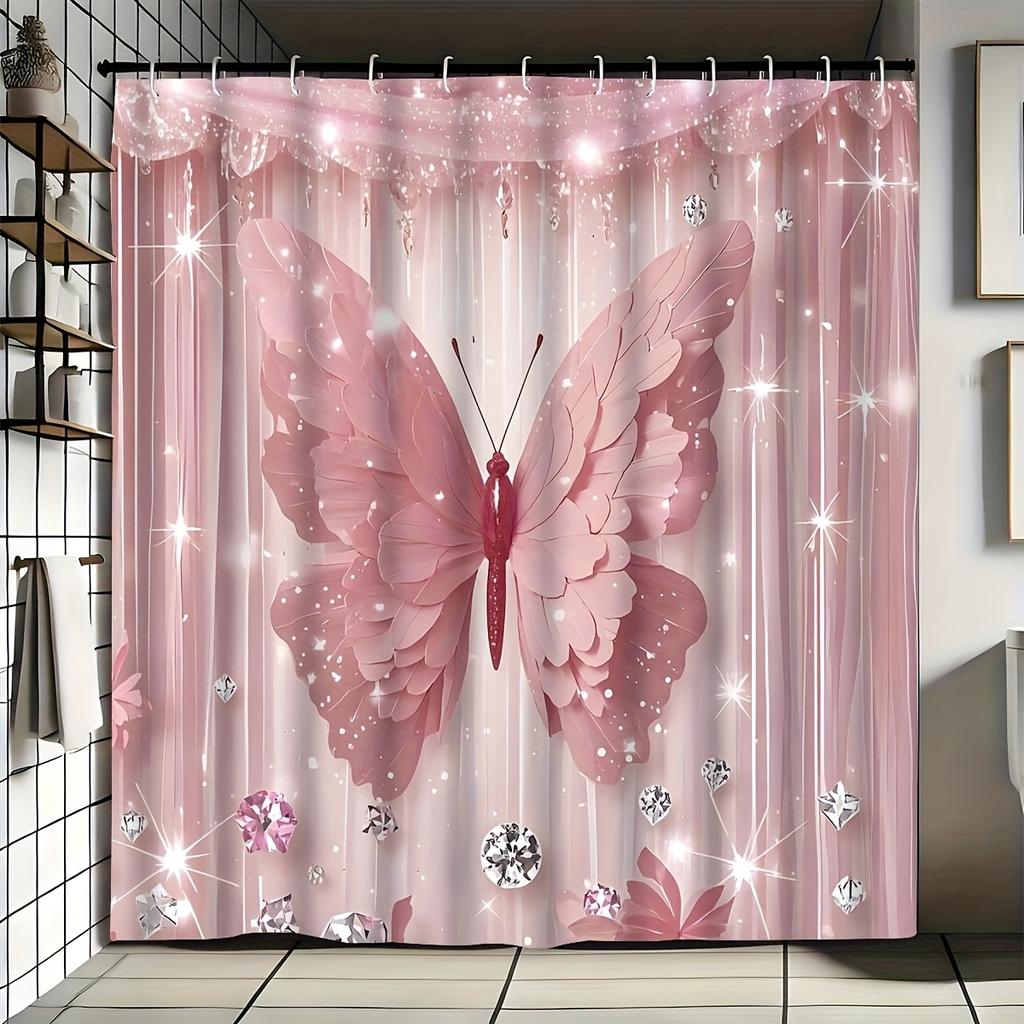 4PCS Luxury Diamond Butterfly Bathroom Set, Waterproof Shower Curtain with Non-slip Rugs, U-shaped Mat  Toilet Cover 12 Hooks