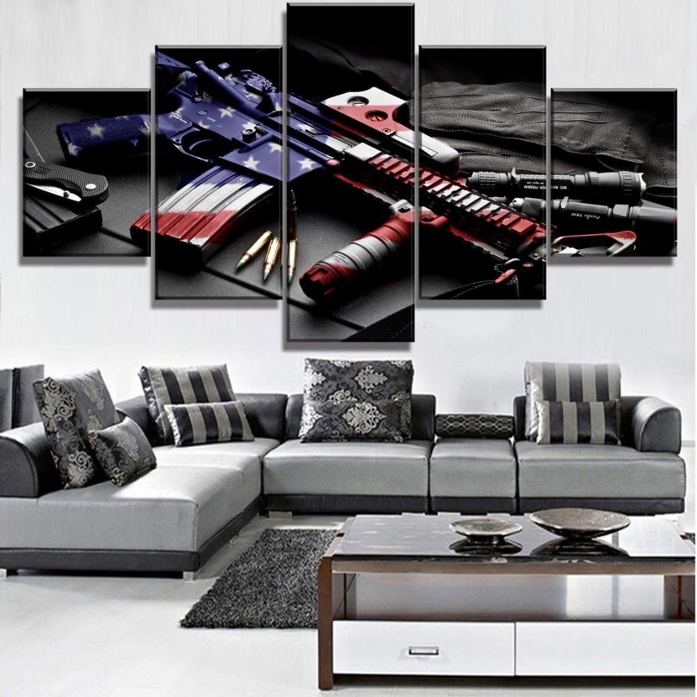 5dílný HD tisk plakát s velkou zbraní a americkou vlajkou Cuadros malby na plátně Nástěnné umění pro domácí dekorace Nástěnné dekorace Bez rámu