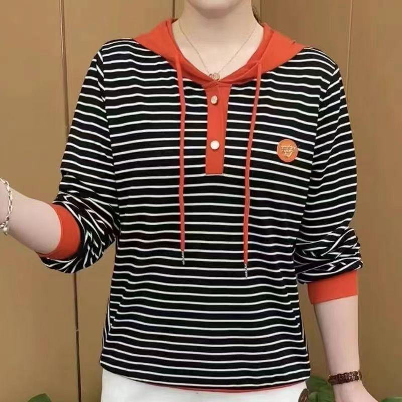 

Женская футболка, С длинным рукавом, С капюшоном, В западном стиле, Тонкий полосатый свитер для весны и осени, На все случаи жизни XXXXXL оранжевый