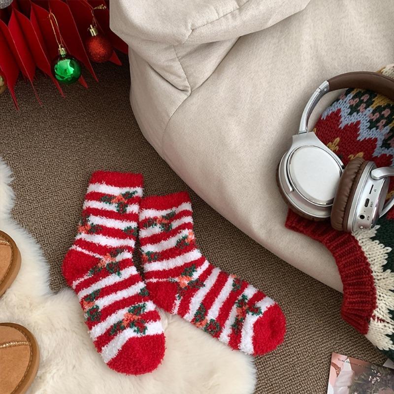 Christmas Coral Velvet Stocking Elk Santa Claus Striped Christmas Tree Snowflakes Socks Women Winter Autumn Home Floor Socks