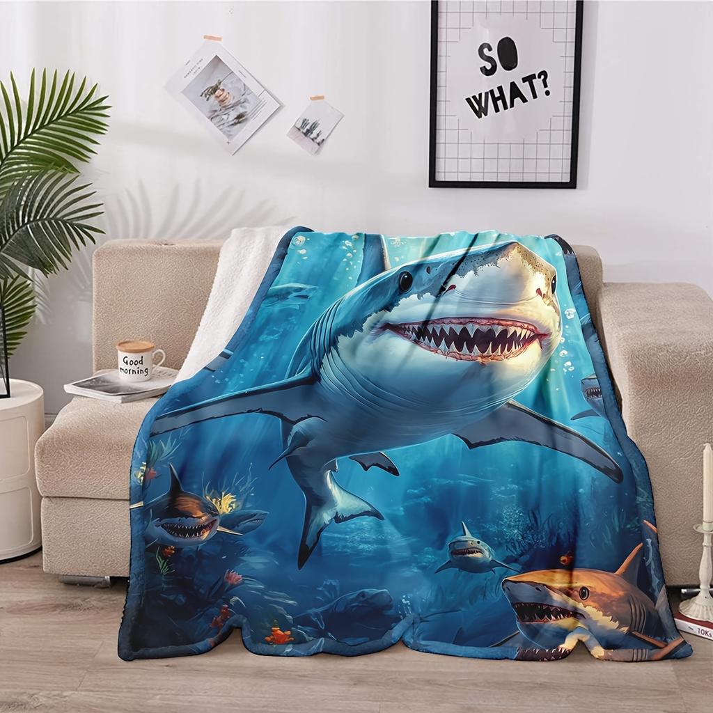 1 pièce Couverture en Flanelle Scène Océanique de Requin Vibrante - Jeté Polyester Doux et Multifonctionnel pour Décoration Intérieure, Plage et Aventures en Plein Air