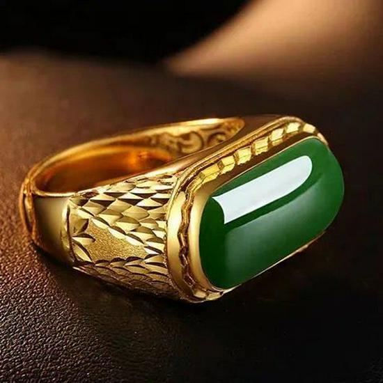 Vietnamese Sand Gold Men's Copper Gold-Plated Ring with Jade Fortune Design