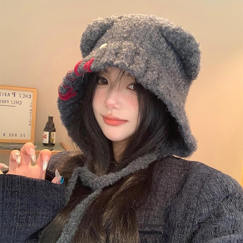 Sweet and Cute Button Bear Ear Hat for Women In Autumn and Winter To Keep Warm and Protect Against Cold Face Promoting Small Ear Protection Woolen Hat