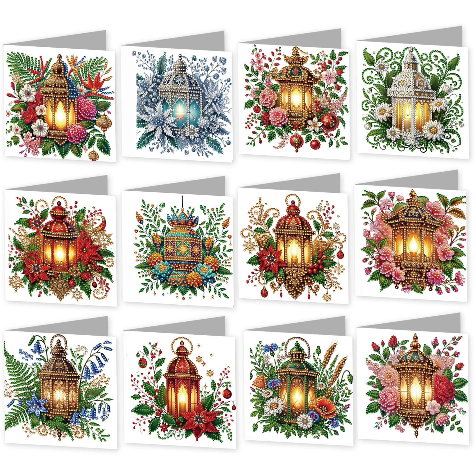 

12 Packs Flower Lamp Animal DIY Diamond Art Greeting Cards Diamond Art Cards for Christmas Birthday Thanksgiving Day Holiday