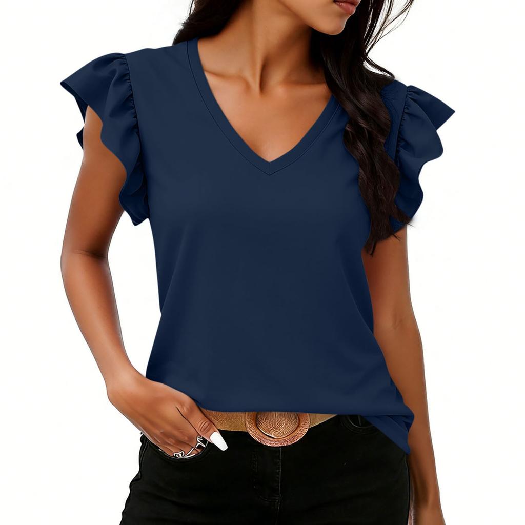 Women Fashion Casual Solid Color Ruffle Sleeve V Neck Short Sleeve Top Lightweight Comfortable Summer Shirt for Daily Wear