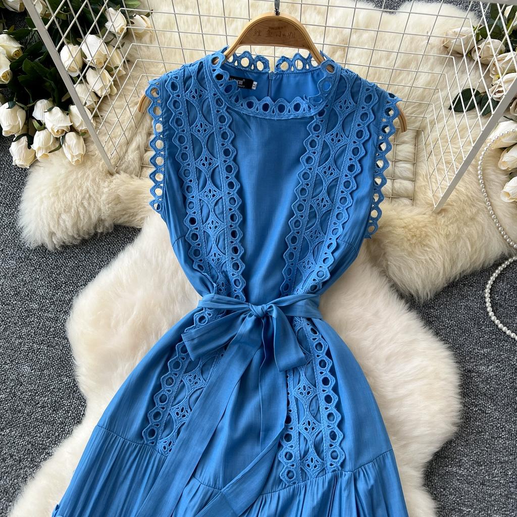 Rochie maxi lungă de vacanță cu broderie cu îmbinare din dantelă elegantă de vară Rochie de petrecere de nuntă fără mâneci pentru femei