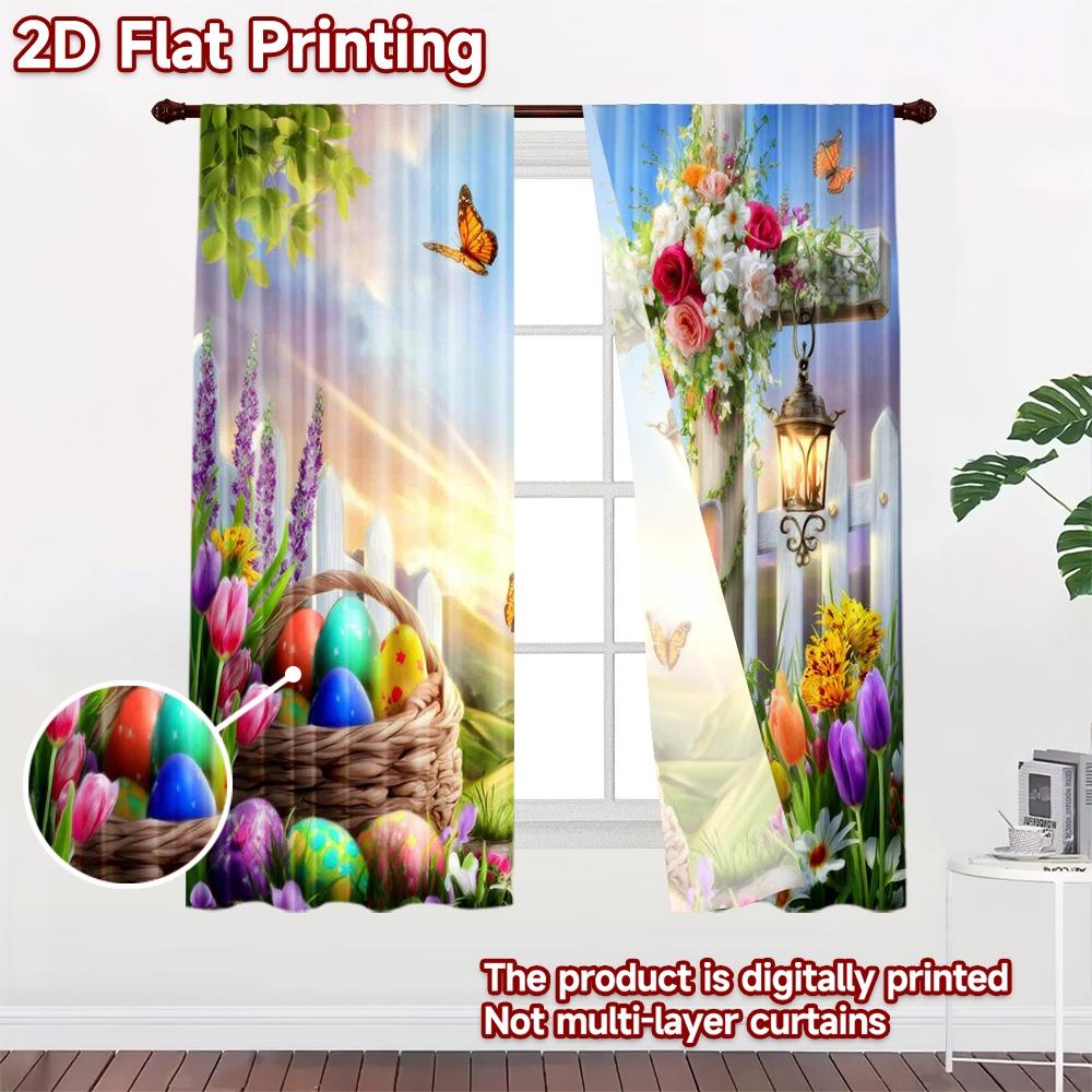 2D flat printing 2pcs Window Curtains Easter Bunny Cross Flowers Digital Printed Polyester Drapes Birthday Party Use for New