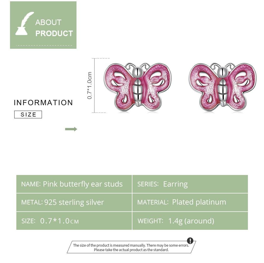 BAMOER Authentic 925 Sterling Silver Pink Butterfly Ear Studs Plated Plarinum Piercing Stud Earrings for Women Fine Jewelry Gift