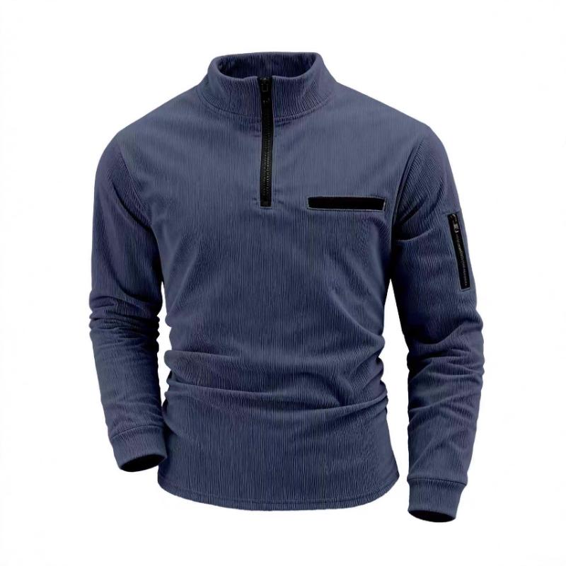 Men's Corduroy Quarter Zip Pullover Casual Stand Collar Long Sleeve Top With Zipper Pockets For Daily Wear