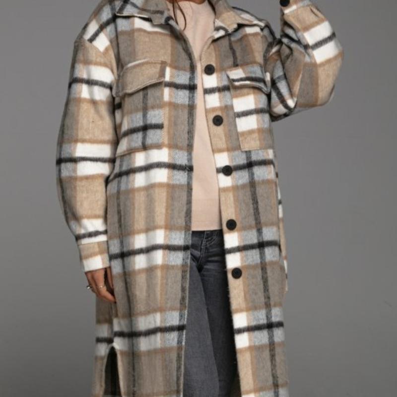 RUGOD Coat Women's Fashionable Loose Autumn and Winter New Design Plaid Stitching Pockets Long-sleeved Mid-length Cardigan