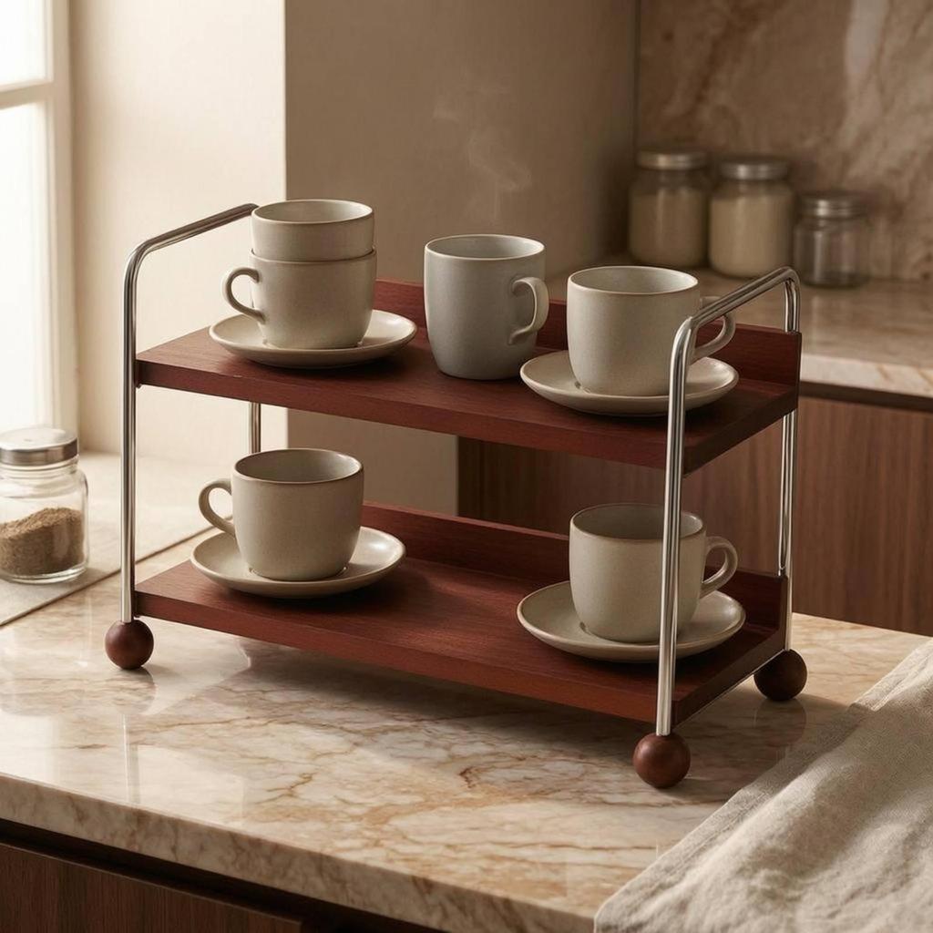 TwoTier Mug Rack Raised Rails Wood and Steel Cup Organizer Wooden Countertop Shelf
