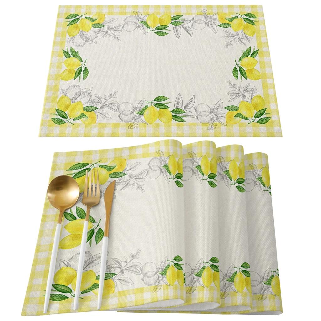 1PC Lemon Idyllic Plaid Fruit Kitchen Dining Table Decor Accessories Placemat Heat Resistant Linen Tableware Pads Mats