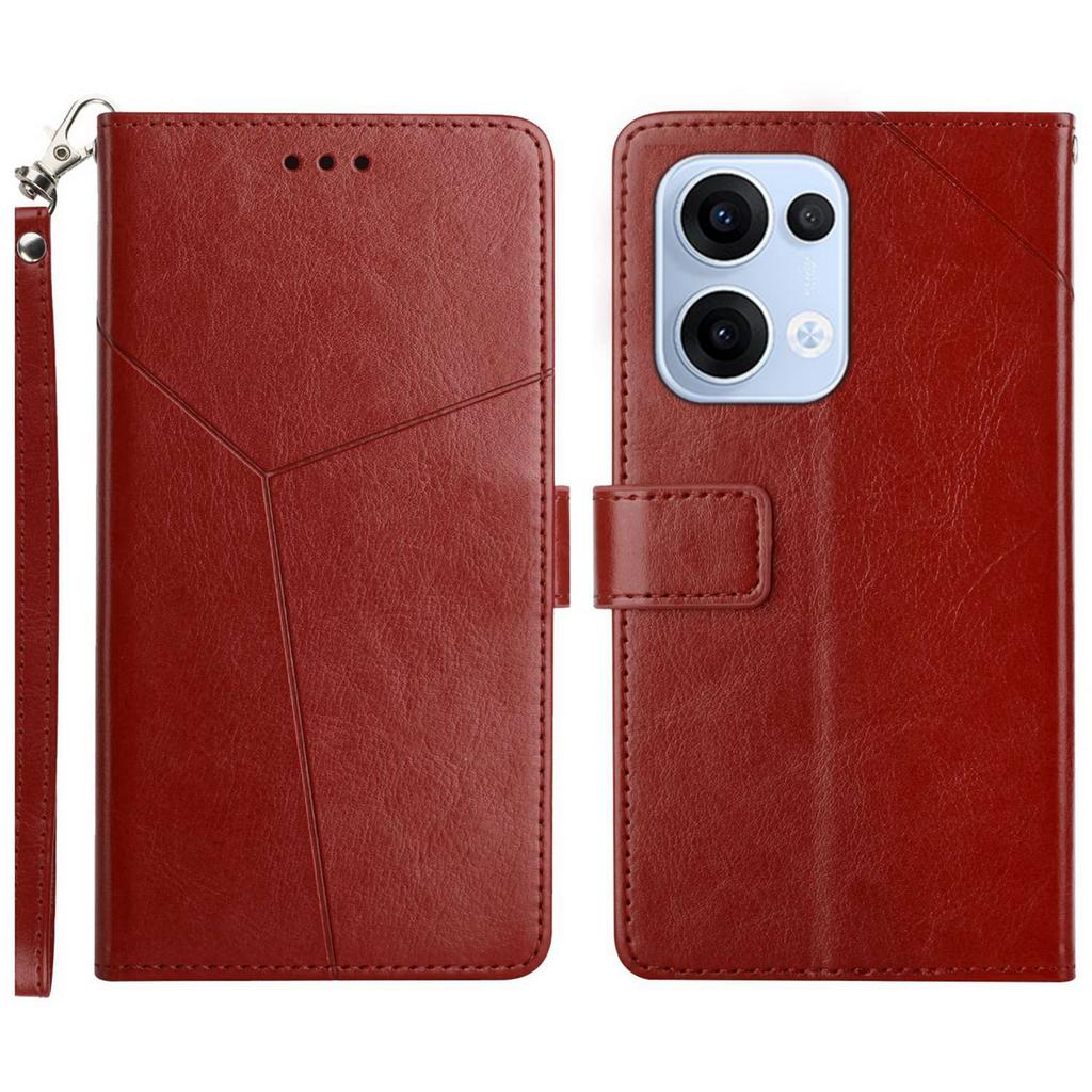 For Oppo Reno13 5G (Global) Case with Wrist Strap Y Shaped Lines Imprint Leather Phone Cover