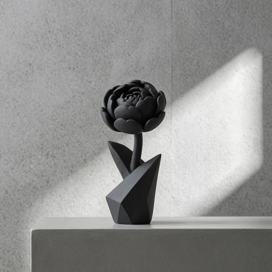 3D Printed Flower Figurine, Small Black Peony Tabletop Ornament for Office Executive Desk, Living Room, Bedroom Shelf Decor