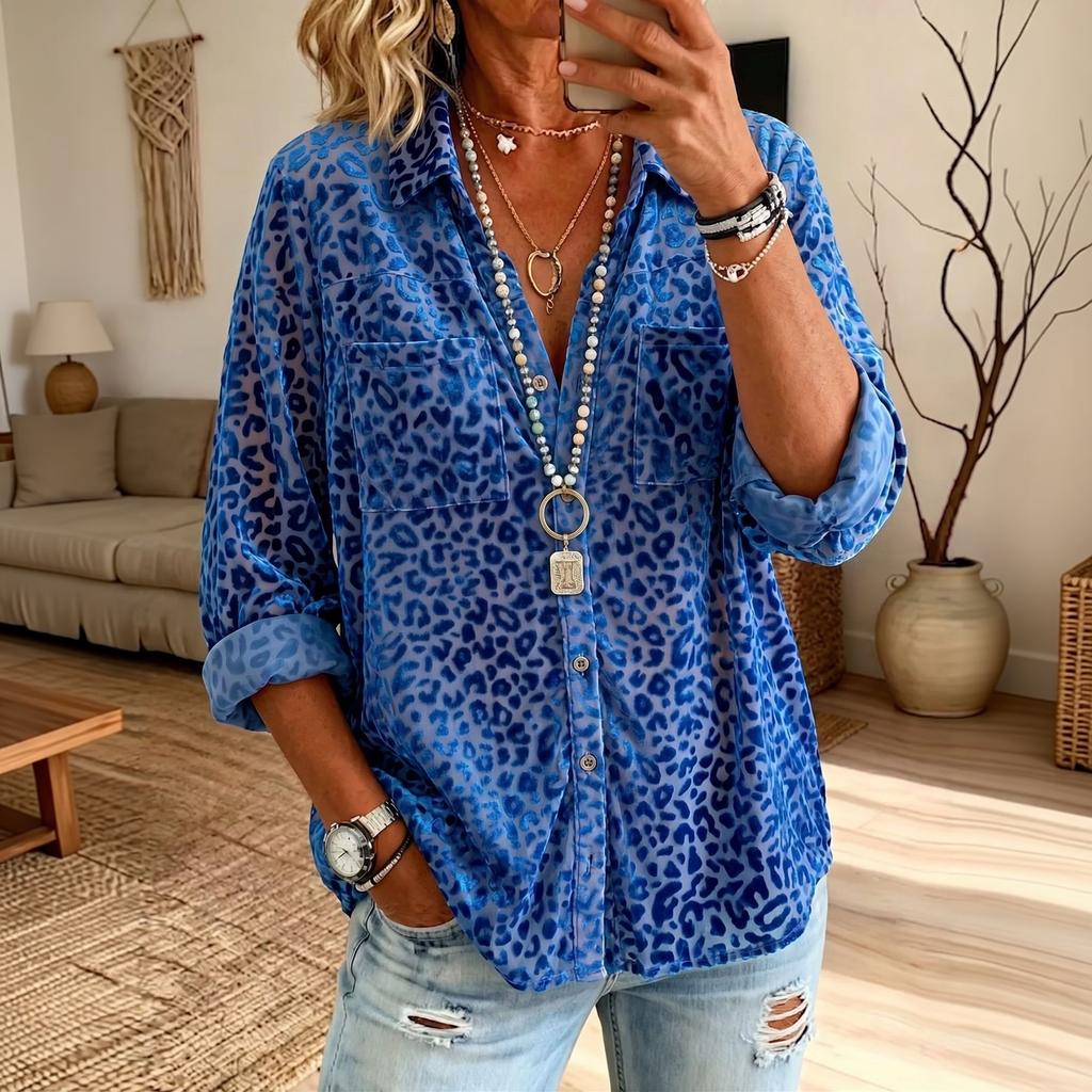 Women's Leopard Print Korean Shirt with Long Sleeve Lapel Collar, Double Pockets, Loose Fit Casual Fall Winter Top