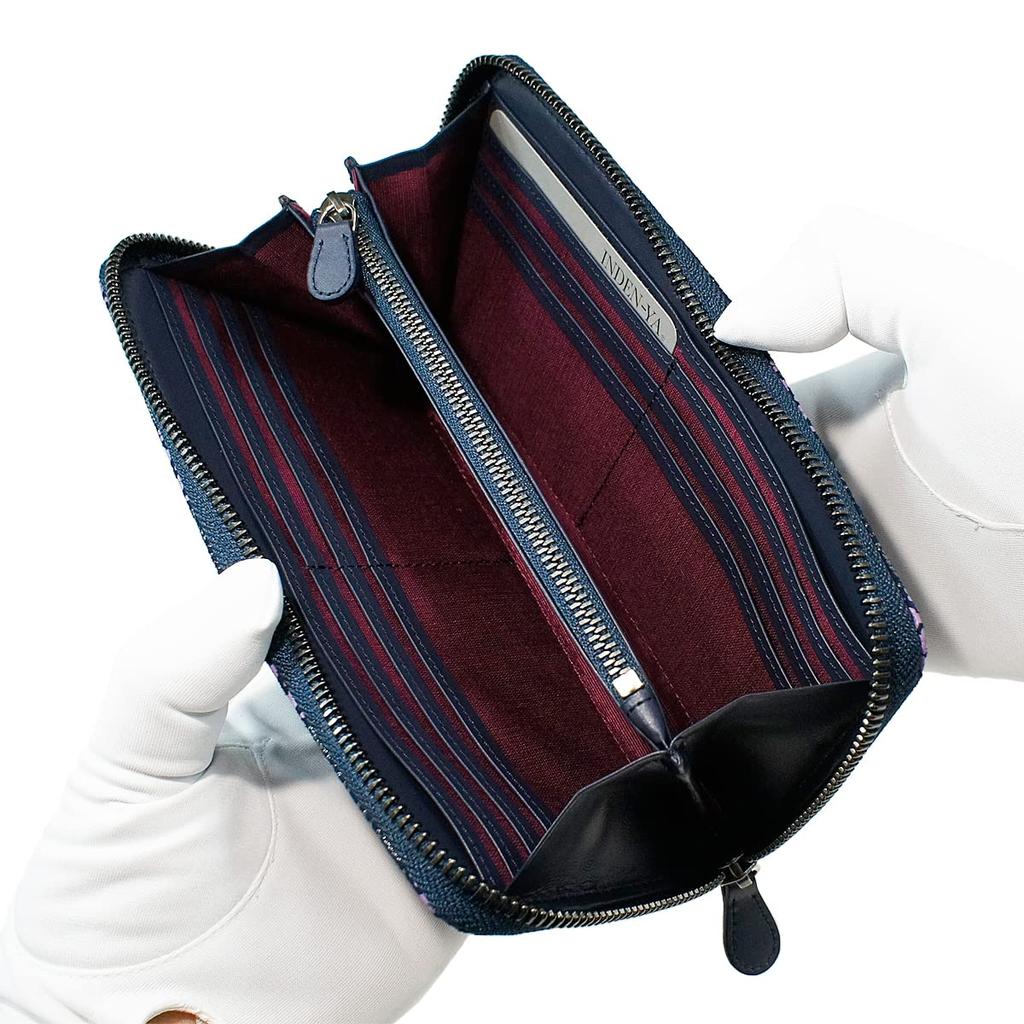 [Inden-ya] Inden Wallet, Long Wallet with Round Zipper, Deerskin Leather, Miso, Hydrangea Pattern, Navy Blue with Purple Chintz and Gray Lacquer, 8011