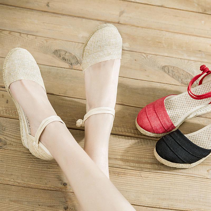 Women's Ethnic Style Summer Wedge Sandals - Breathable Linen with One-Strap Buckle and High Heel Design
