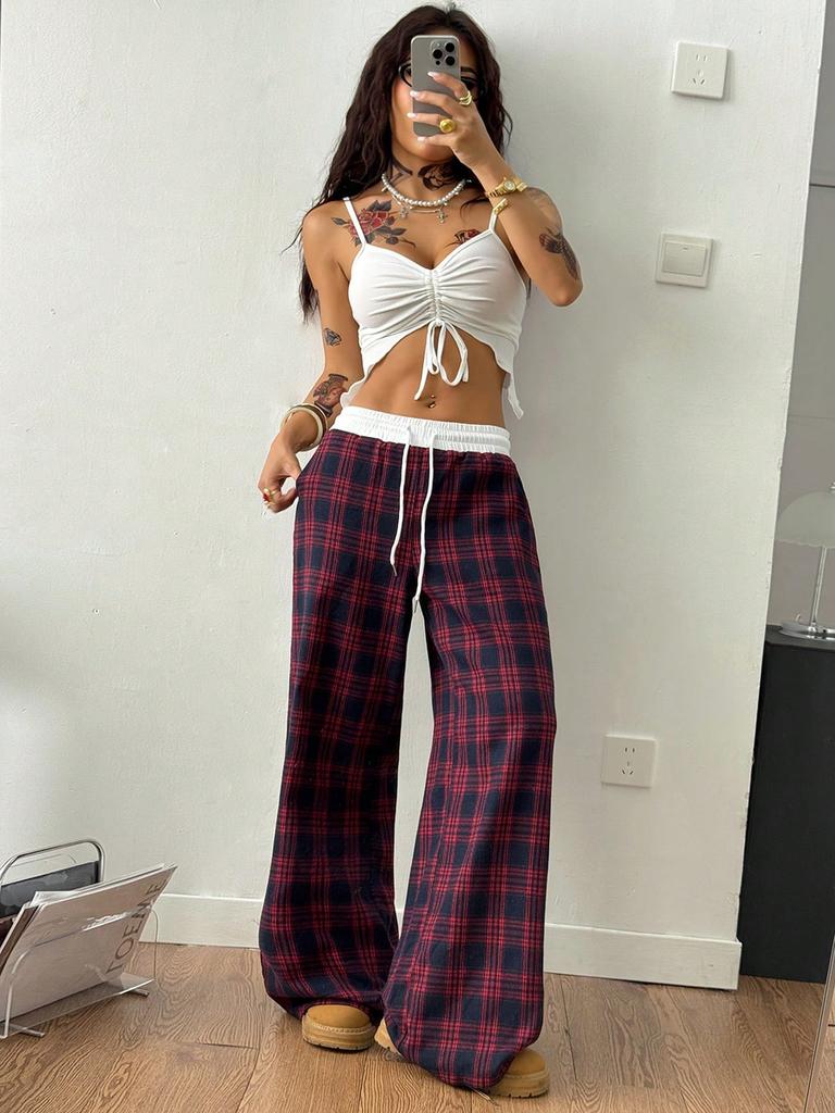 Loose Relaxed Fit Straight Cut Pinstripe Patchwork High Waist Draped Casual Athletic Pants