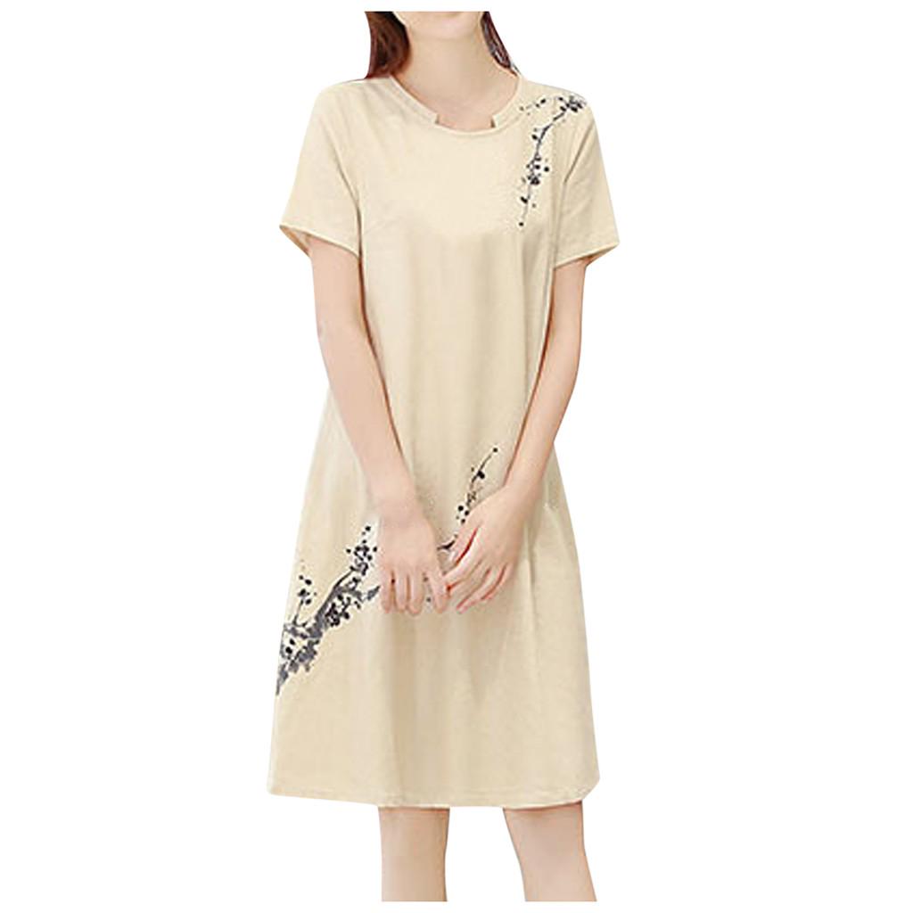 Fashion Women Summer Short Sleeve  knee length Printing Dress