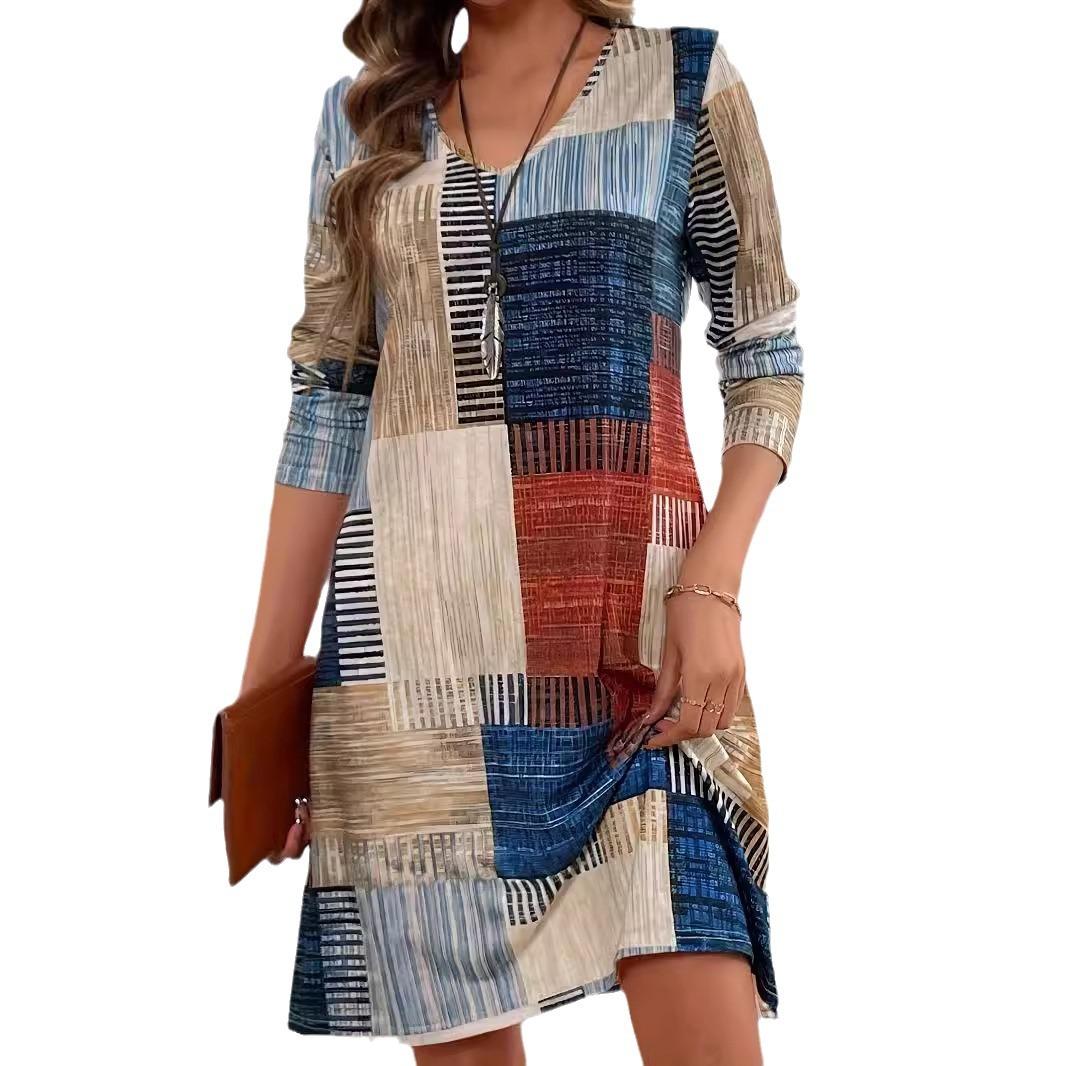 Women s Long-sleeved V-neck Vacation Style Loose Color Plaid Dress S