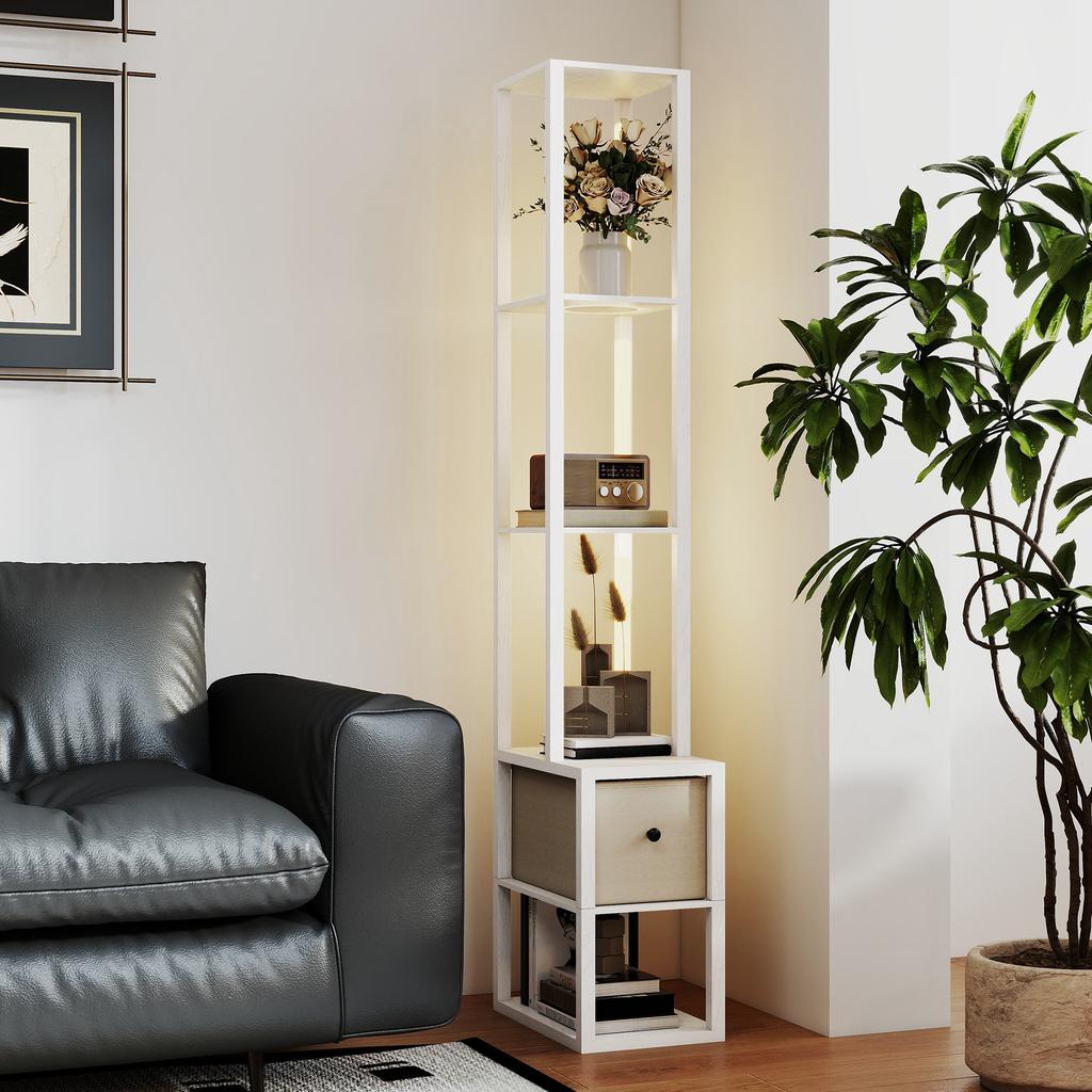 Floor Lamp with Shelves, LED Column Modern Standing Lamp with Fabric Drawer, Adjustable Brightness, Foot Switch for Living Room, Bedroom, Office