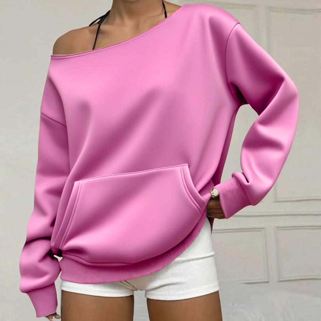 Women's Off Shoulder Long Sleeve Sweatshirt Loose Fit Streetwear Pullover Top