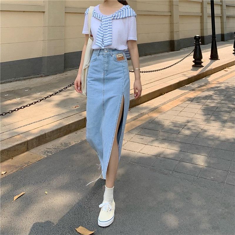 Elegant Woman High-waisted Side Split Female Summer Thin A Word Package Hip Mid-length Skirt Versatile Comfortable Fashion Denim Bustier Skirt