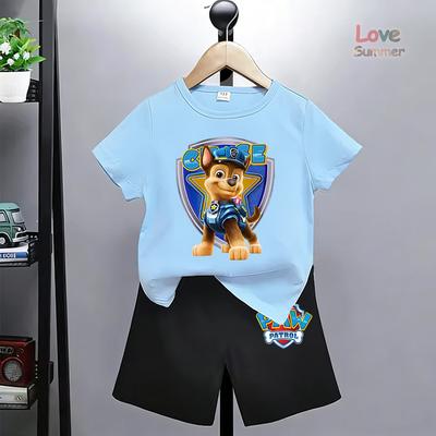 Chase Print T-Shirt Shorts Anzüge, Geeignet für Jungen Paw Patrol Perfekt für Alltags-Kleidungssets Freizeitkleidung Outdoor-Aktivitäten