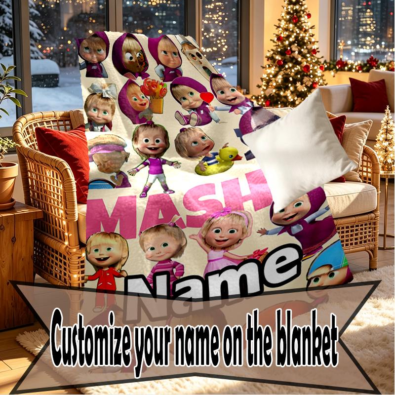 Custom Name Personalized Masha and The Bear Print Blankets, Home Decor, Bedroom, Sofa, Camping, Couch, Gifts for Birthday Christmas
