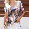 Summer Lovely Cat 3D Print T-Shirts Women Casual V-Neck Short Sleeve T Shirt Y2k Harajuku Animal Tees Loose Tops Female Clothing