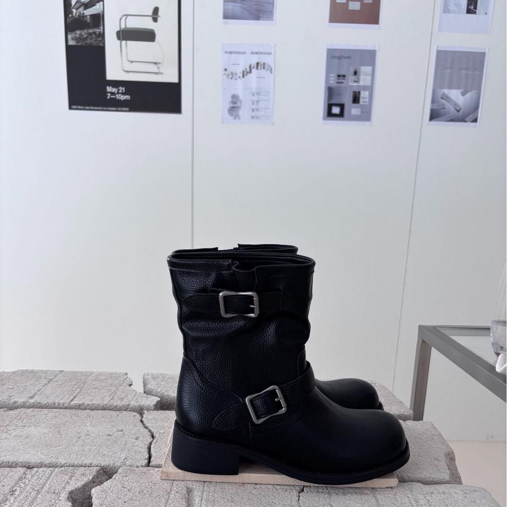 2025 autumn and winter round head thick heel short boots versatile and thin sleeve locomotive boots belt buckle cowboy boots