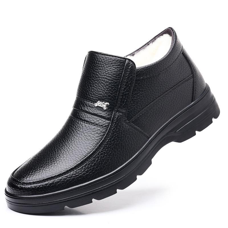 Men's Winter Shoes, Wool Cotton Shoes, Men's Cowhide Warm Fleece Thickened Dad Shoes, Leather Non-slip Cotton Shoes for the Elderly