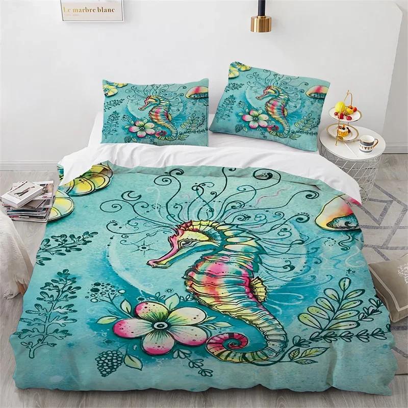 Sea Animal Turtle Duvet Cover Queen Microfiber Dolphin Octopus Conch Starfish Quilt Cover Ocean Theme Bedding Set For Boys Girls