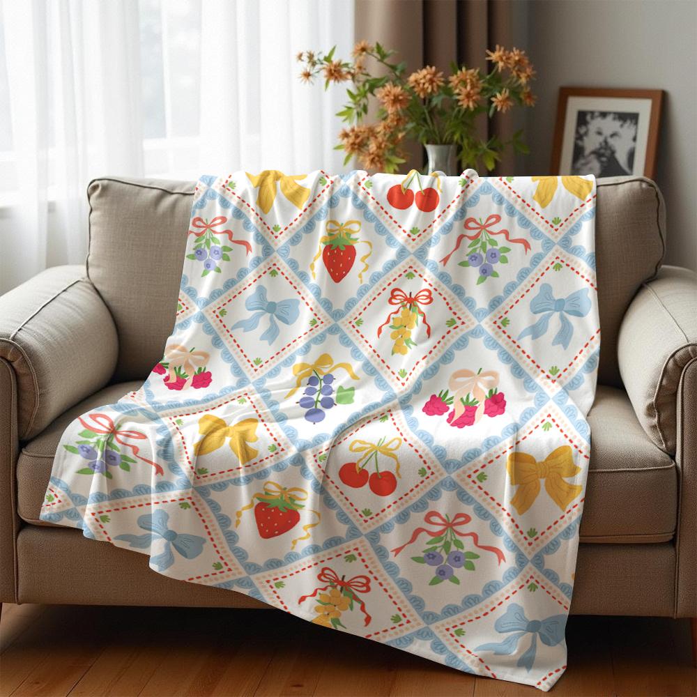 Diamond Fruit Bow Gingham Cartoon Anime Print Flannel Blanket Soft Warm Throw for Kids Bedroom Sofa Christmas Office Car