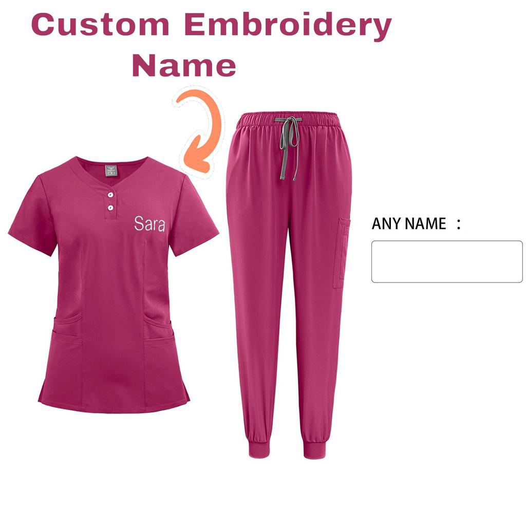 DIY Name Embroidery Customization Women's Uniform Quick-drying Fabric Solid Color V-neck Pocket Short-sleeved Trousers Suit Dry-nurse Work Clothes