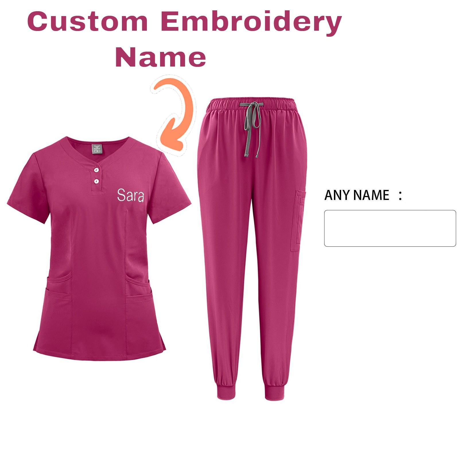 

DIY Именная Вышивка Кастомизация Женская Униформа Быстросохнущая Ткань Однотонный V-образный Вырез Карман Короткий Рукав Брючный Костюм Рабочая Одежда для Няни L