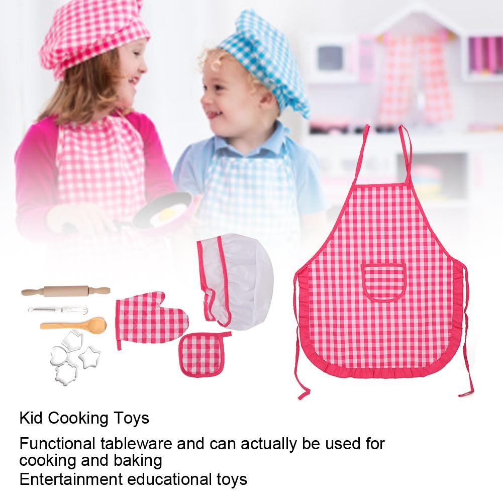 DIY Kid Cooking Baking Set Kitchen Role Play Apron Children Cooking Toys GiftRed Plaid Kitchen Baking Set 11pcs